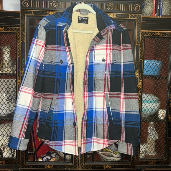 Express Long Sleeve Blue Plaid Flannel Shirt W/Sherpa Lining Size Small - Picture 1 of 16